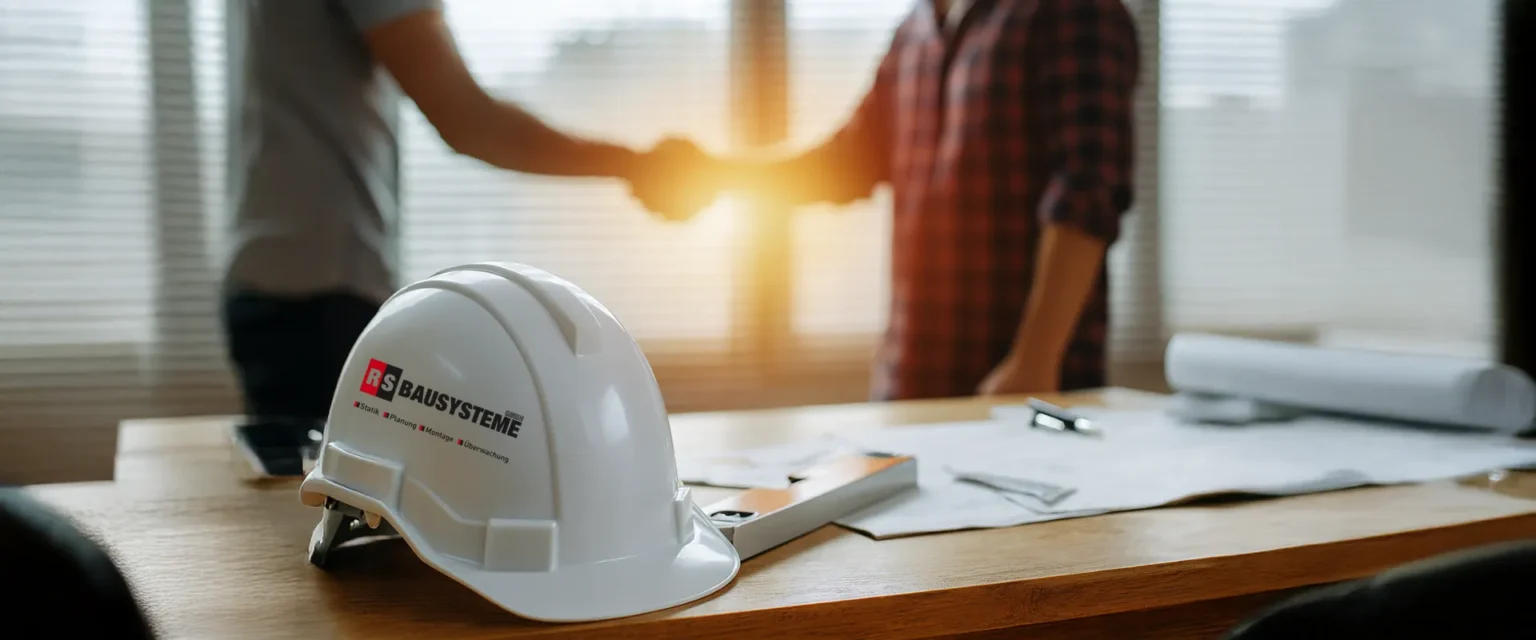 Bauhelm mit RS-Bausysteme-Logo auf einem Schreibtisch mit Plänen, im Hintergrund ein Handschlag